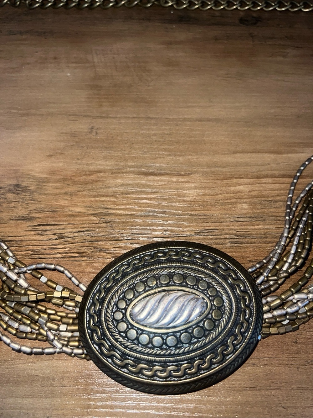 Boho Multi-Strand Beaded Waist Belt with Faux Mother-of-Pearl Oval Medallion